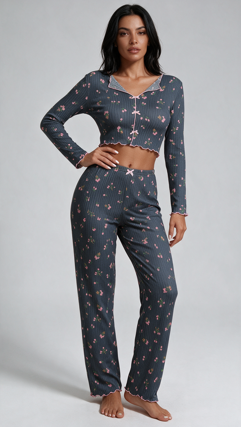 Piżama damska na długi rękaw z długimi spodniami ciemnoszara w kwiaty Villavia