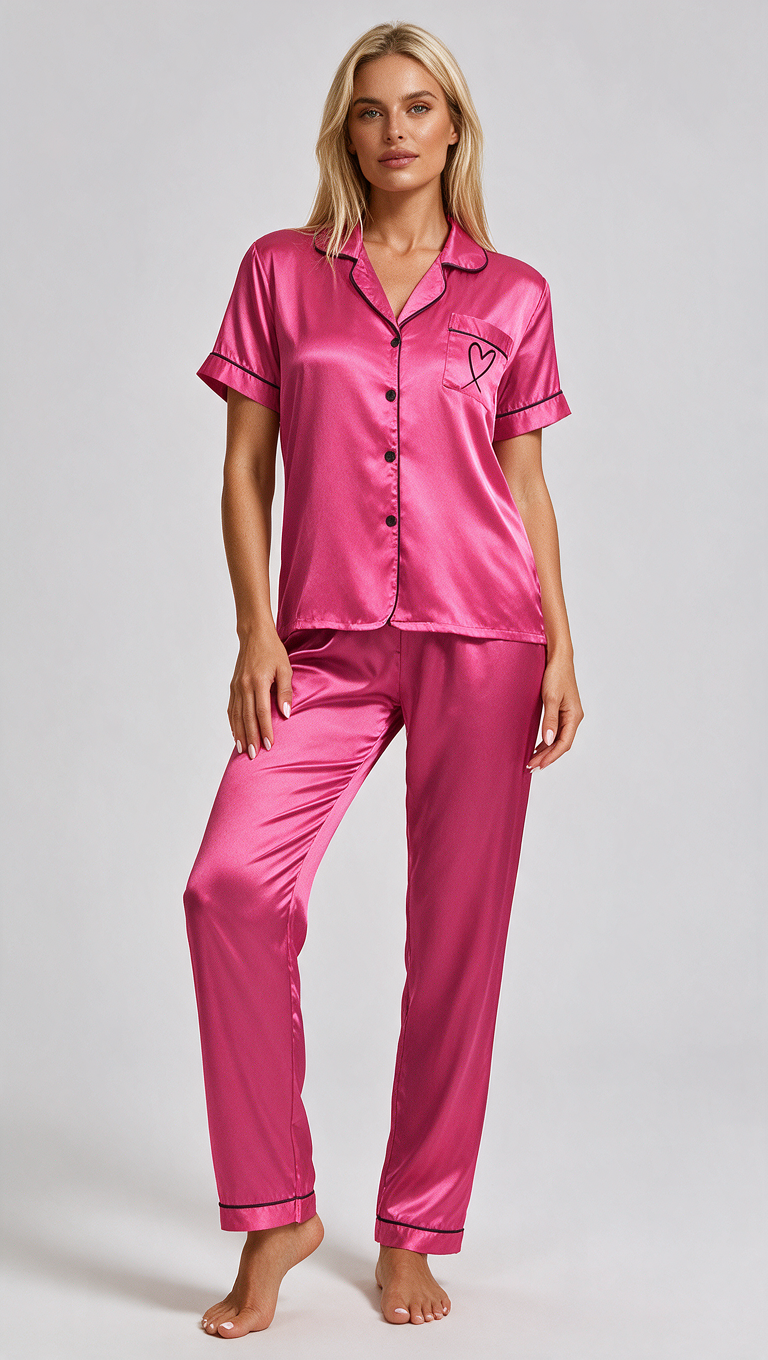 Piżama damska na krótki rękaw z długimi spodniami satynowa różowa Lumiere