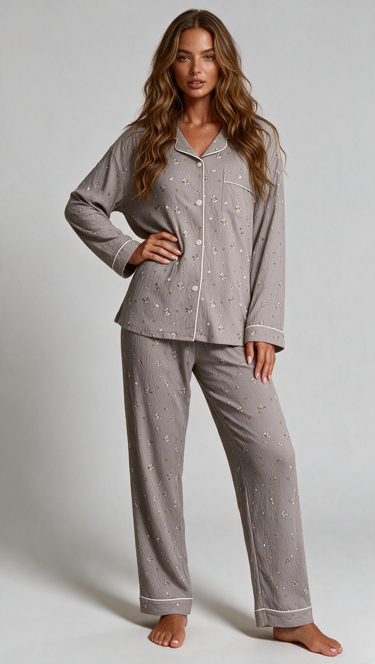 Piżama damska na długi rękaw z długimi spodniami szara w kwiaty Bellamare